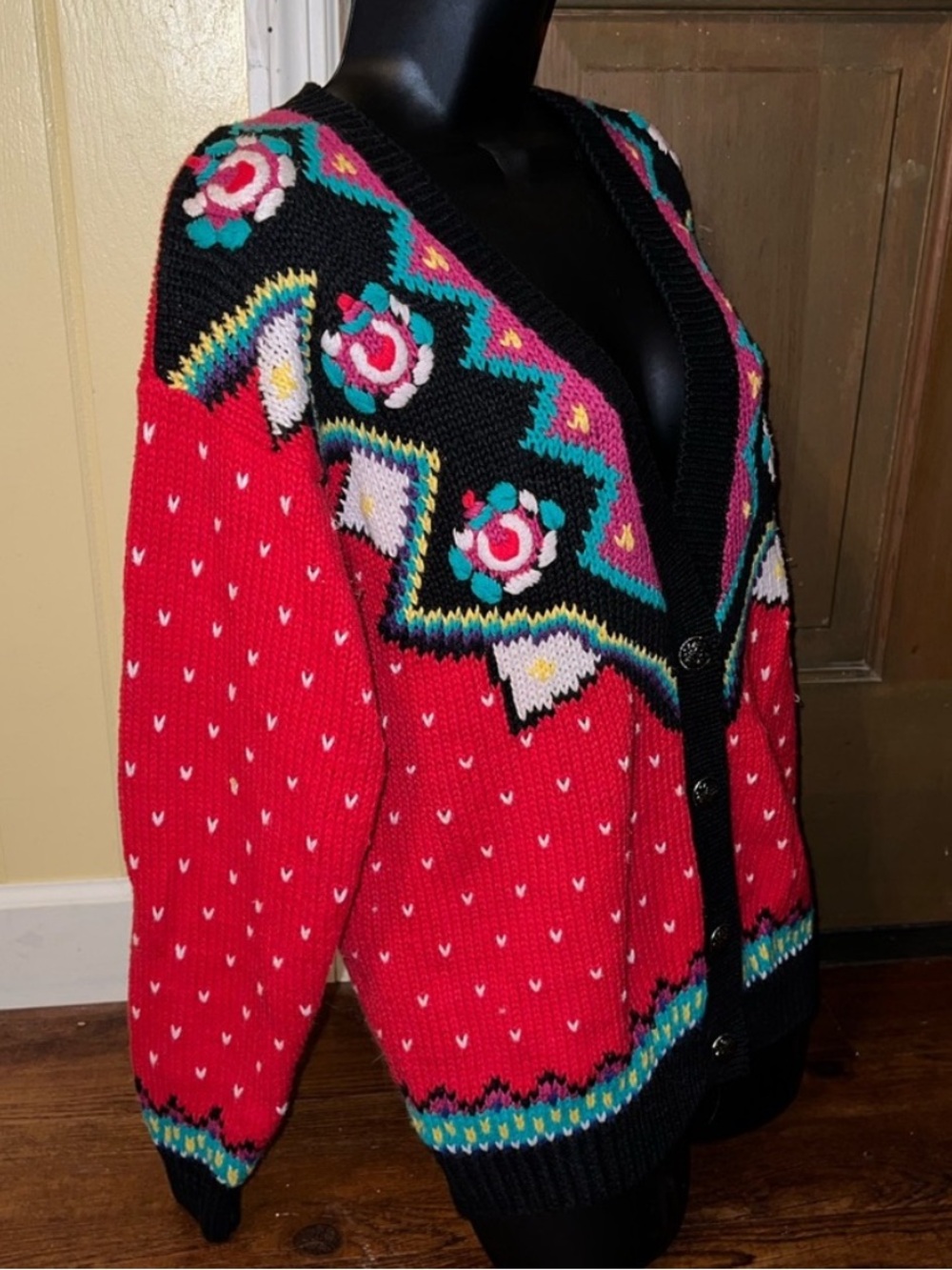 Vintage Chunky Knit Ramie Blend Cardigan Red Sweater Geometric 80’s Retro Size S - Picture 5 of 12
